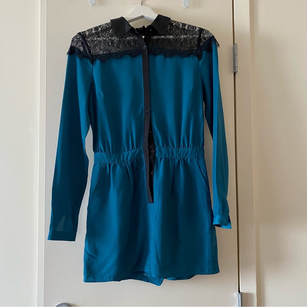 ASOS, teal blue, lace and satin shorts romper, long sleeves woman’s size 2
